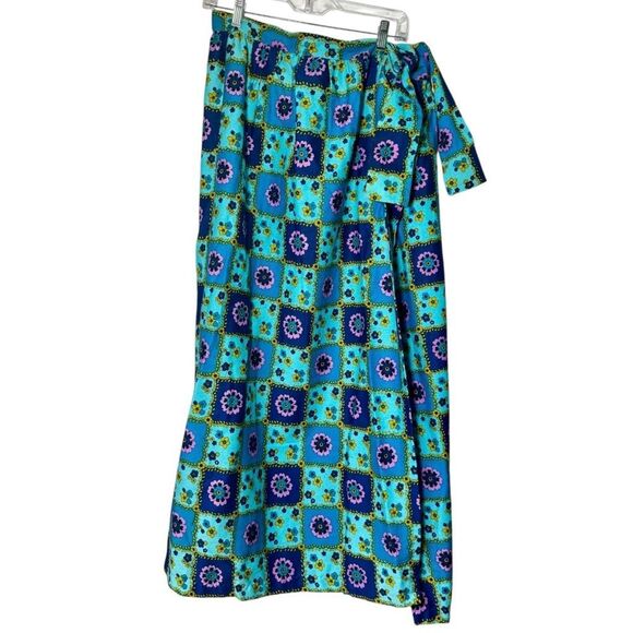 Vintage 1960s Beverly Vogue Calif Wrap Maxi Skirt Blue Floral Women’s Large - Picture 1 of 4